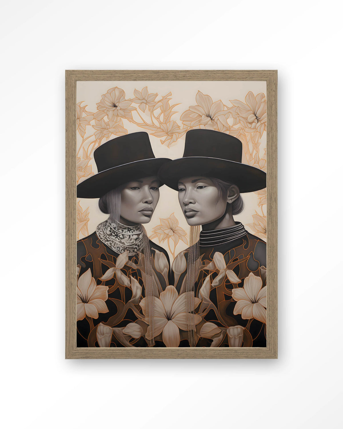 Lady Garden – twee dames met hoed en bloemen – Art print – Hout bruin