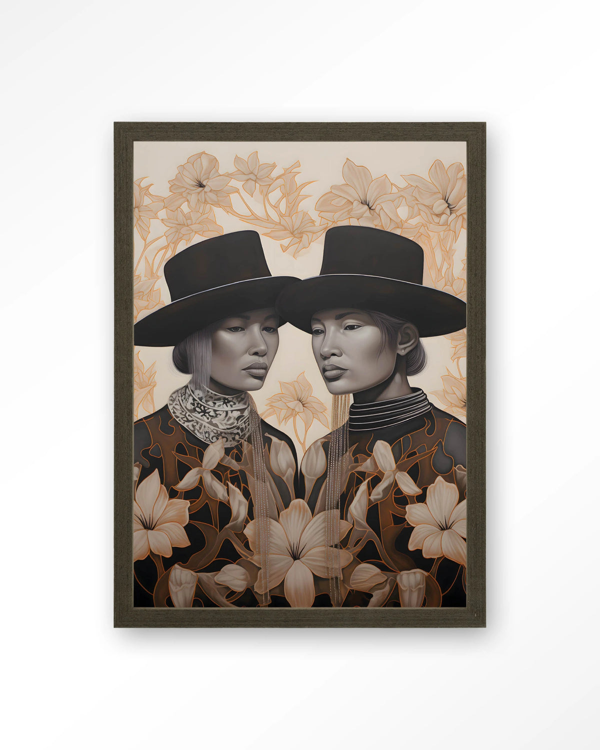 Lady Garden – twee dames met hoed en bloemen – Art print – Hout donkerbruin