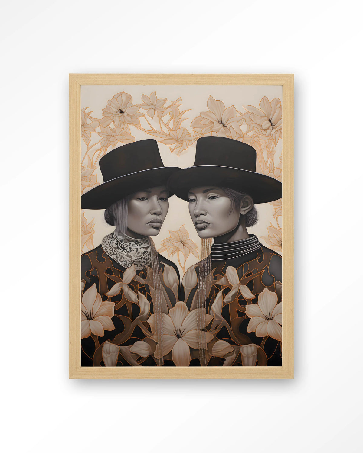 Lady Garden – twee dames met hoed en bloemen – Art print – Hout naturel
