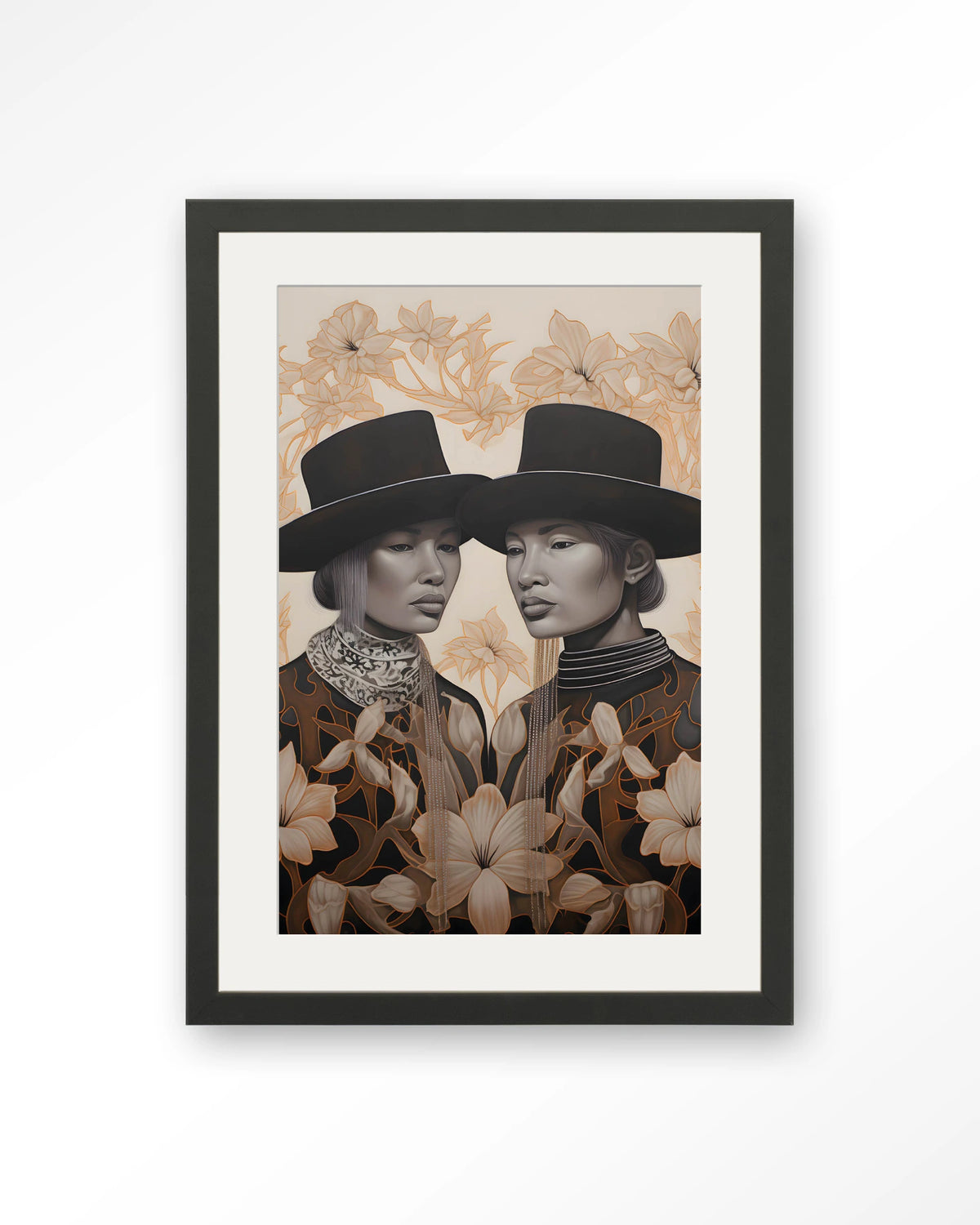 Lady Garden – twee dames met hoed en bloemen – Art print – Hout zwart + passe-partout