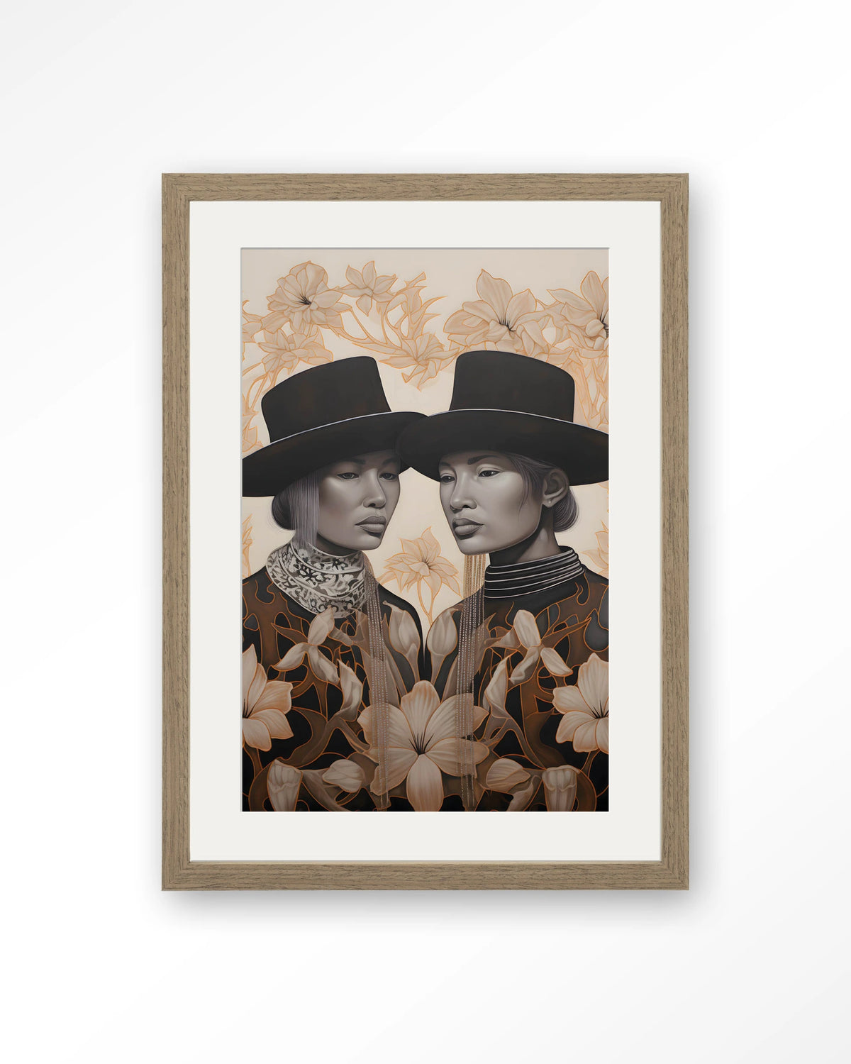 Lady Garden – twee dames met hoed en bloemen – Art print – Hout bruin + passe-partout
