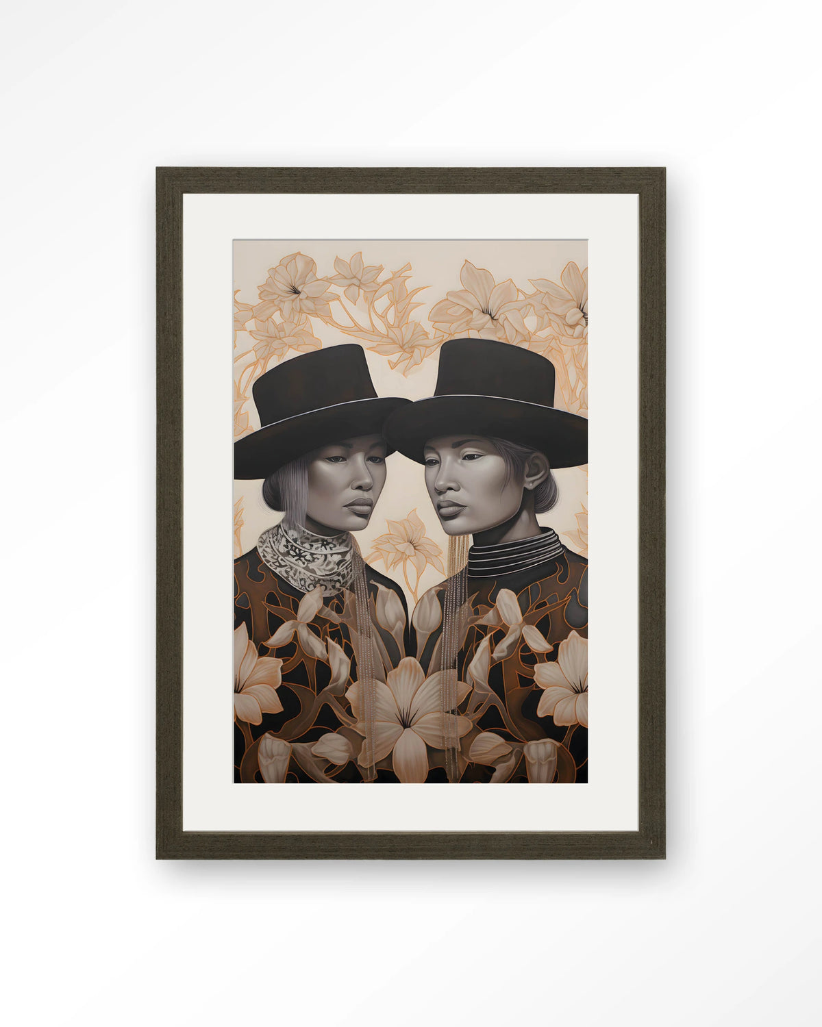 Lady Garden – twee dames met hoed en bloemen – Art print – Hout donkerbruin + passe-partout
