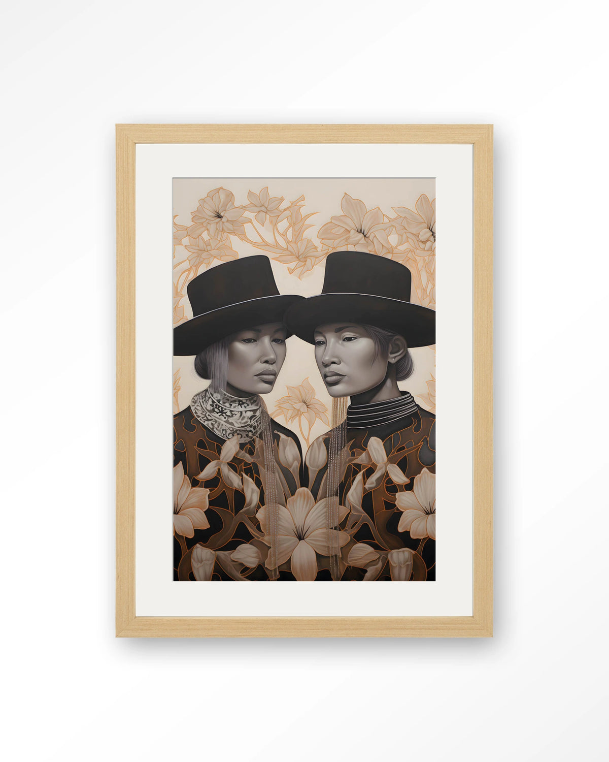Lady Garden – twee dames met hoed en bloemen – Art print – Hout naturel + passe-partout