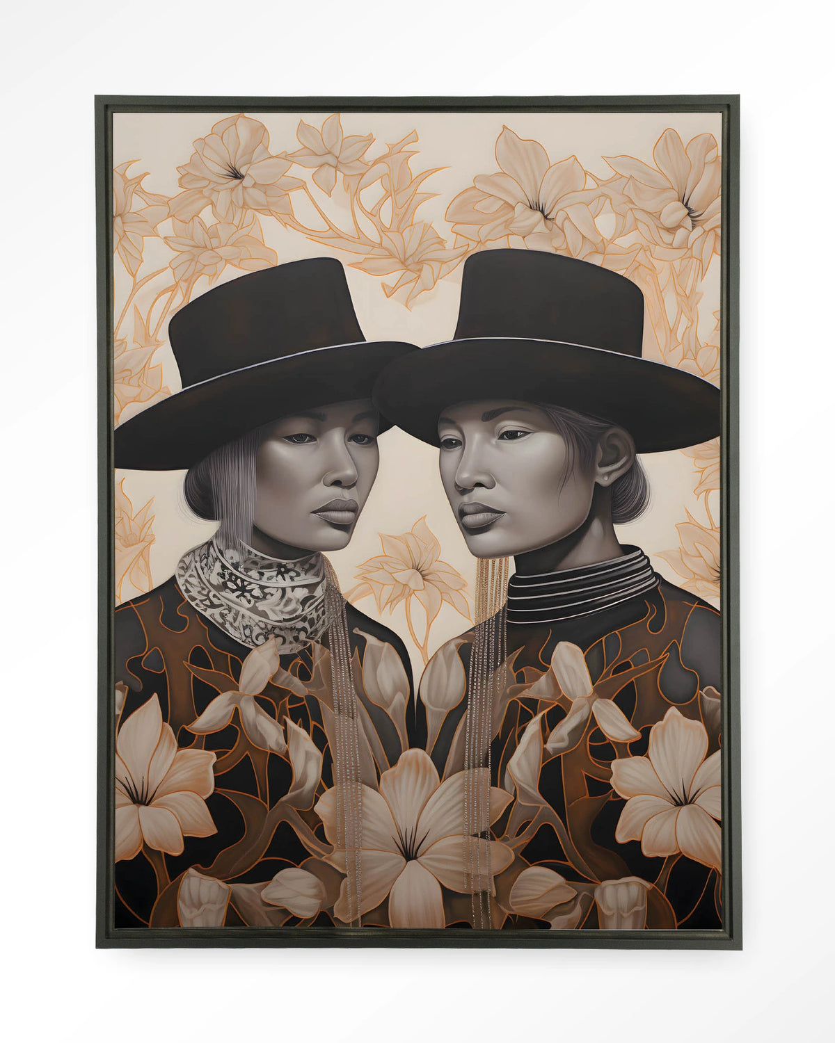 Lady Garden – twee dames met hoed en bloemen – Wandkleed – Floating frame – zwart