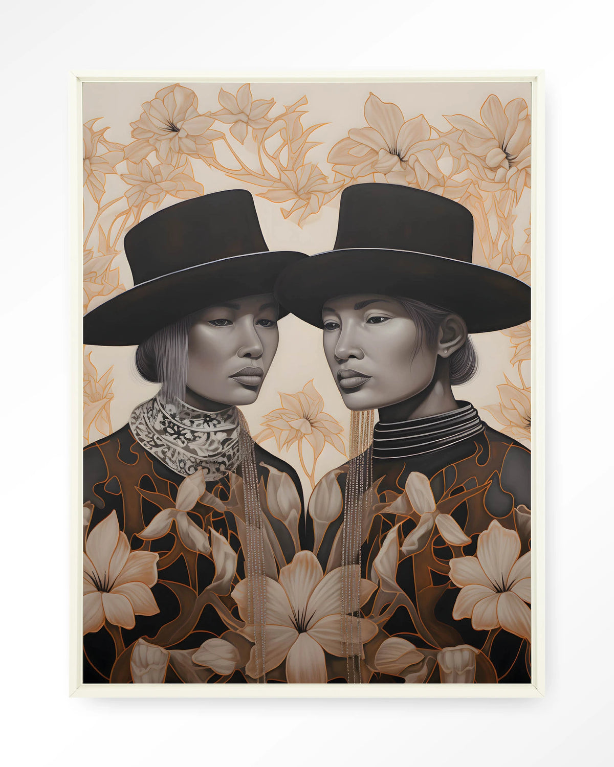 Lady Garden – twee dames met hoed en bloemen – Wandkleed – Floating frame – wit