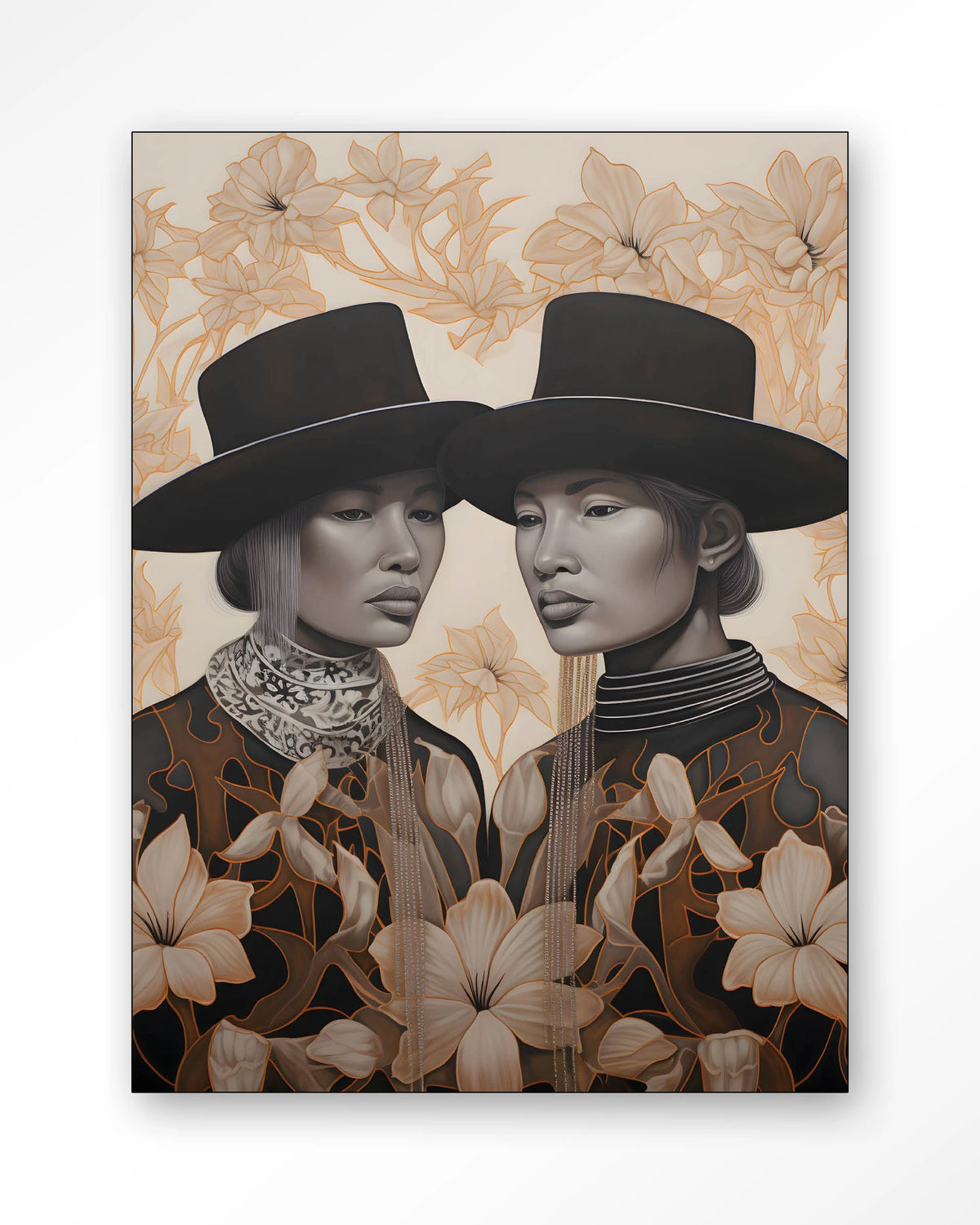 Lady Garden – twee dames met hoed en bloemen – Wandkleed – Frame – zwart