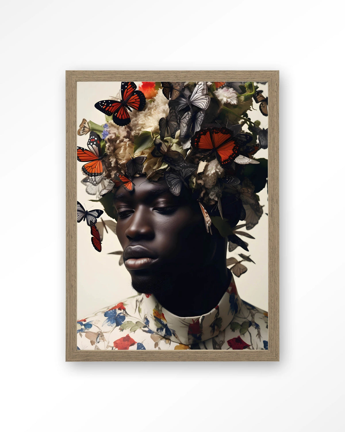 Papillon – man met vlinders en bloemen – Art print – Hout bruin