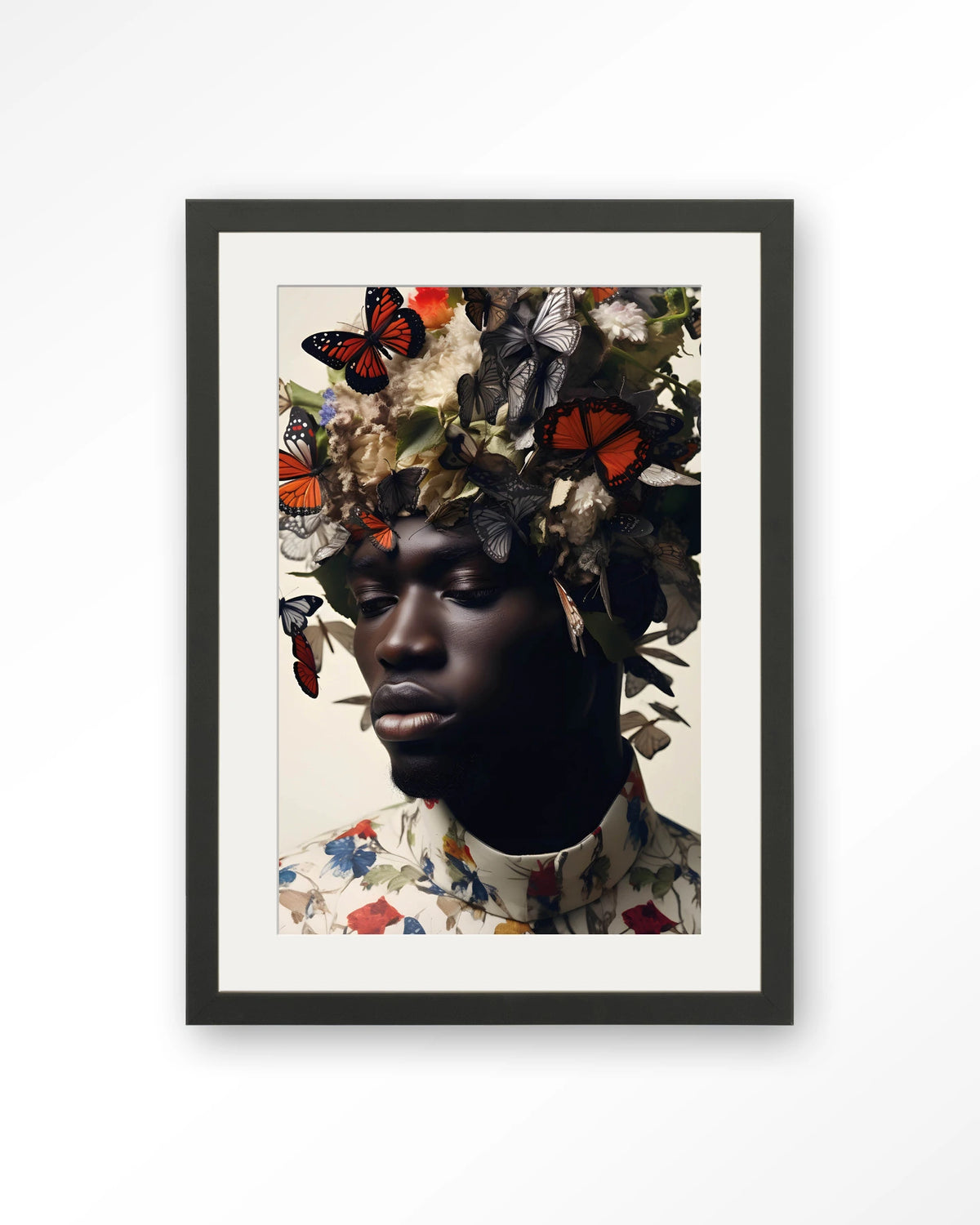 Papillon – man met vlinders en bloemen – Art print – Hout zwart + passe-partout