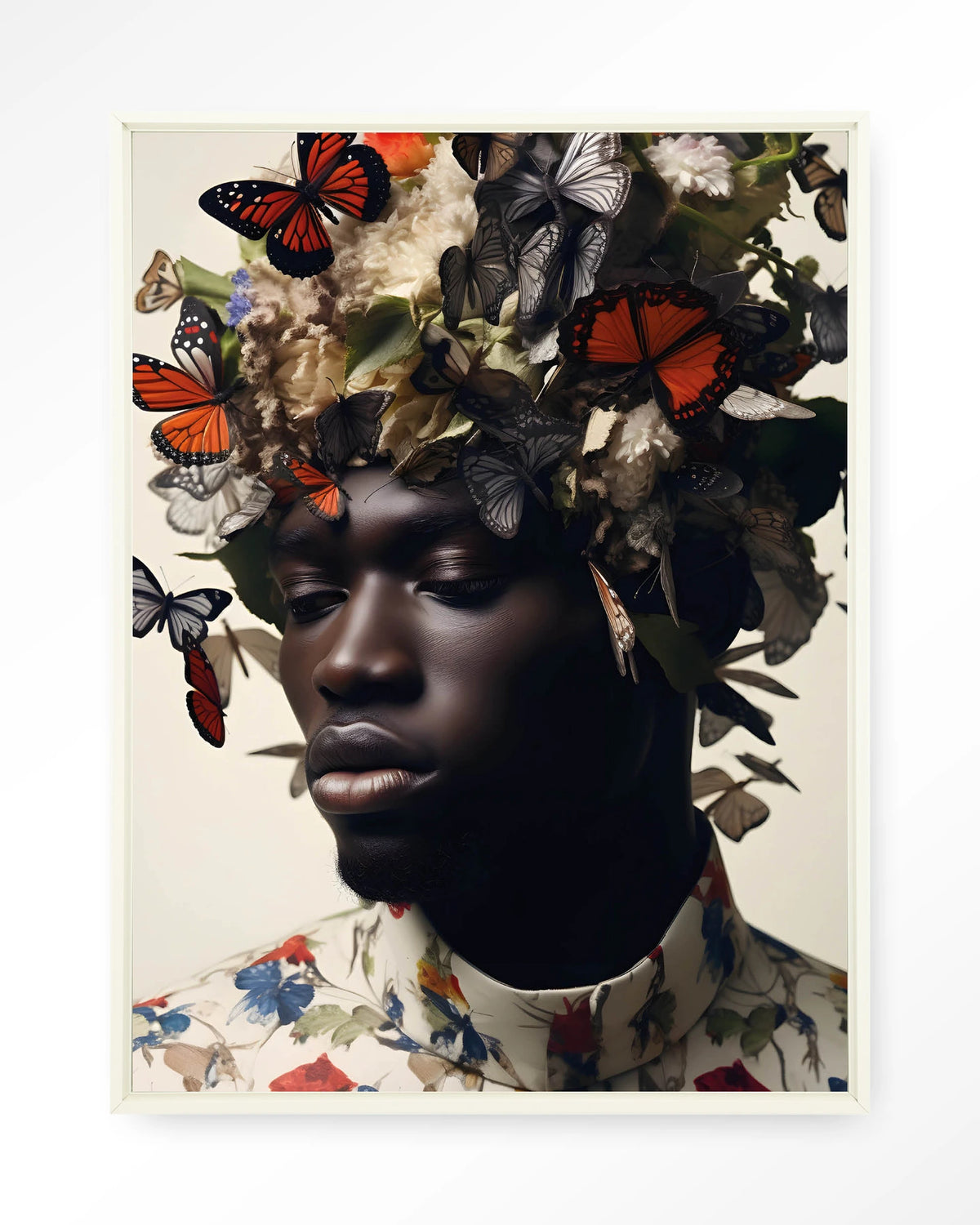Papillon – man met vlinders en bloemen – Wandkleed – Floating frame – wit