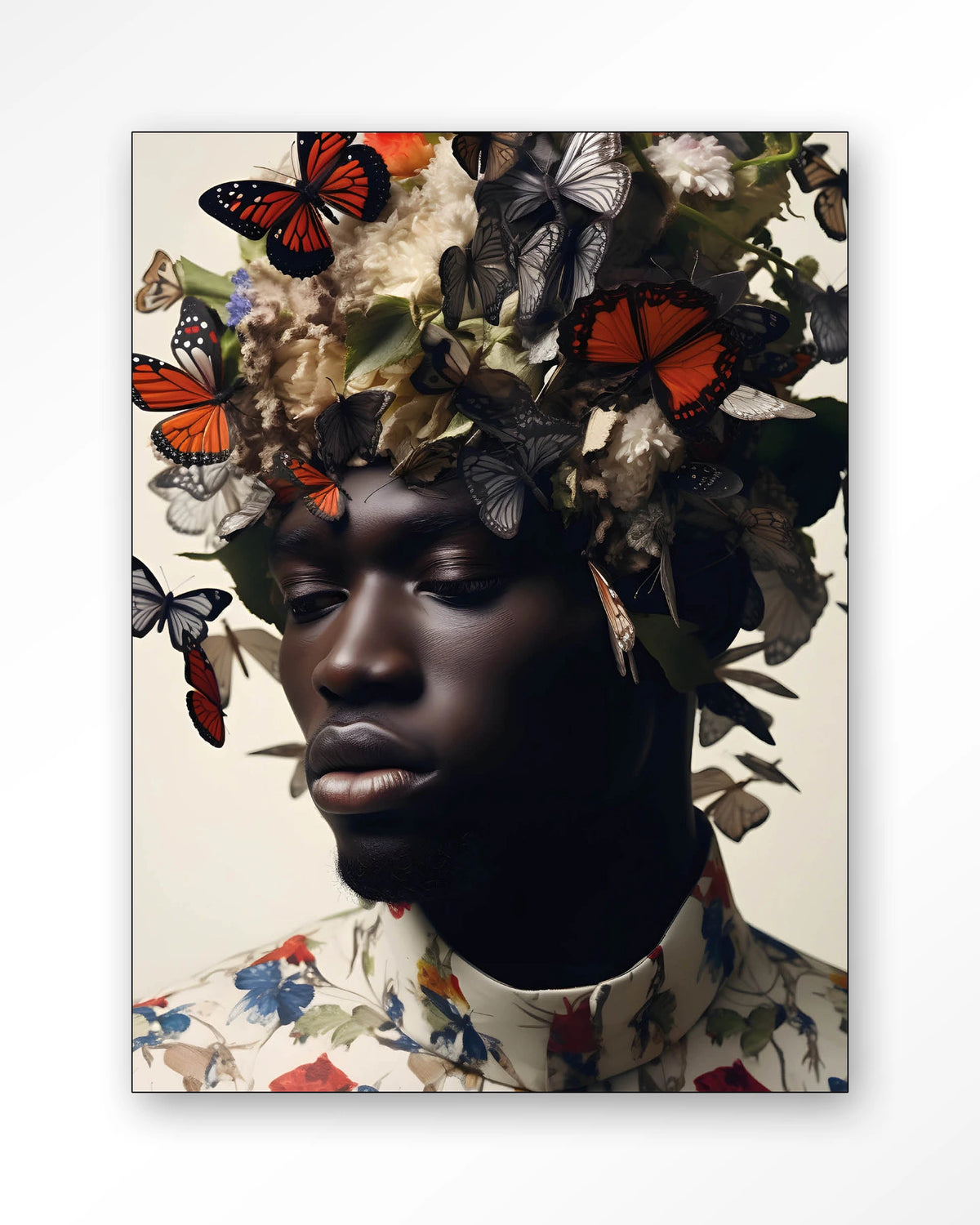 Papillon – man met vlinders en bloemen – Wandkleed – Frame – zwart