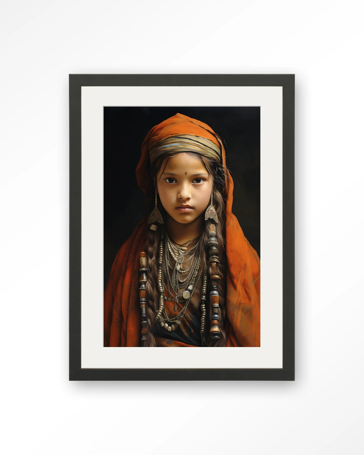 Traditional Girl – meisje in traditionele kleding – Art print – Hout zwart + passe-partout