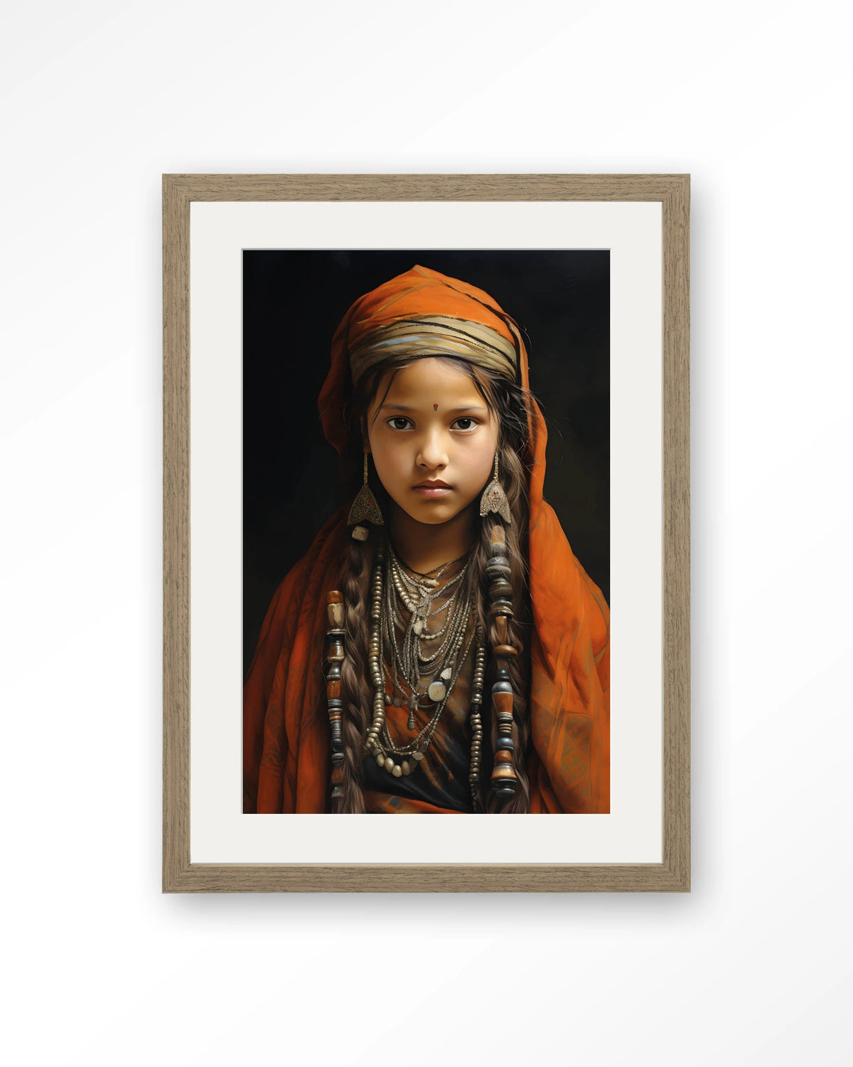 Traditional Girl – meisje in traditionele kleding – Art print – Hout bruin + passe-partout