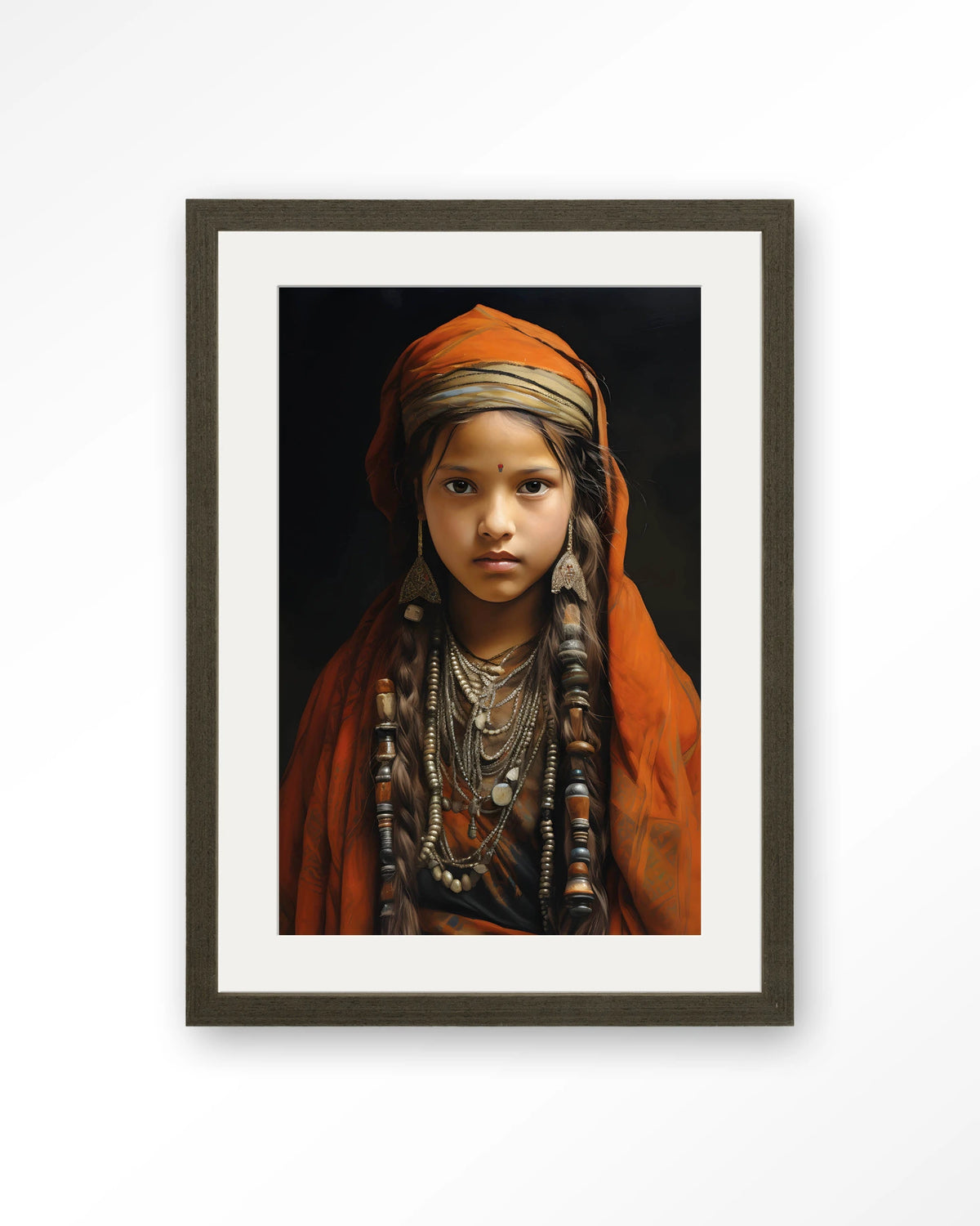 Traditional Girl – meisje in traditionele kleding – Art print – Hout donkerbruin + passe-partout