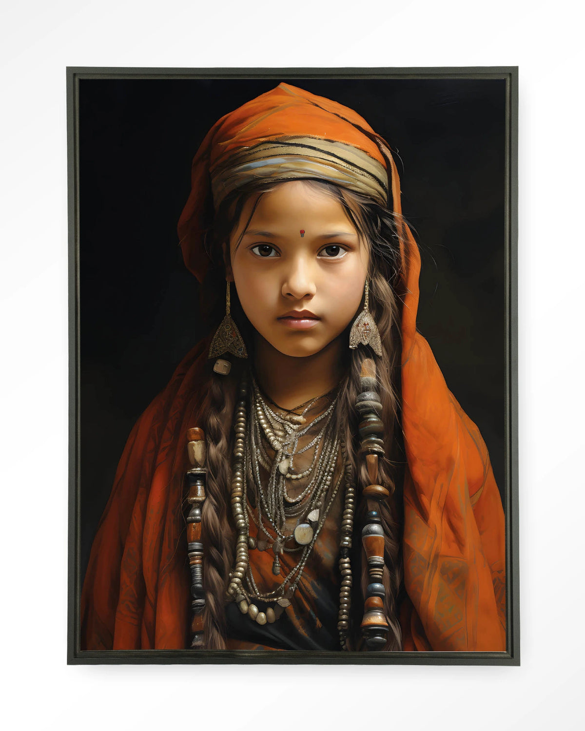 Traditional Girl – meisje in traditionele kleding – Wandkleed – Floating frame – zwart