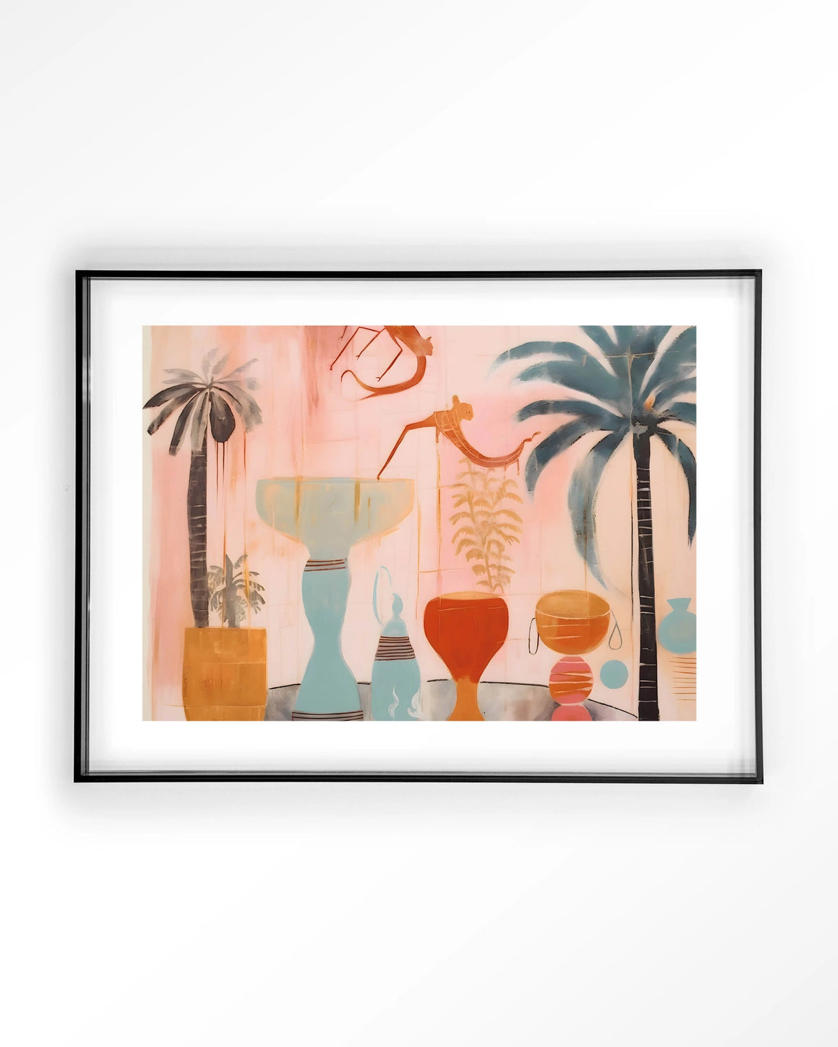 Tunesian Samba – vazen en palmbomen in roze – Art print – Acryl zwart
