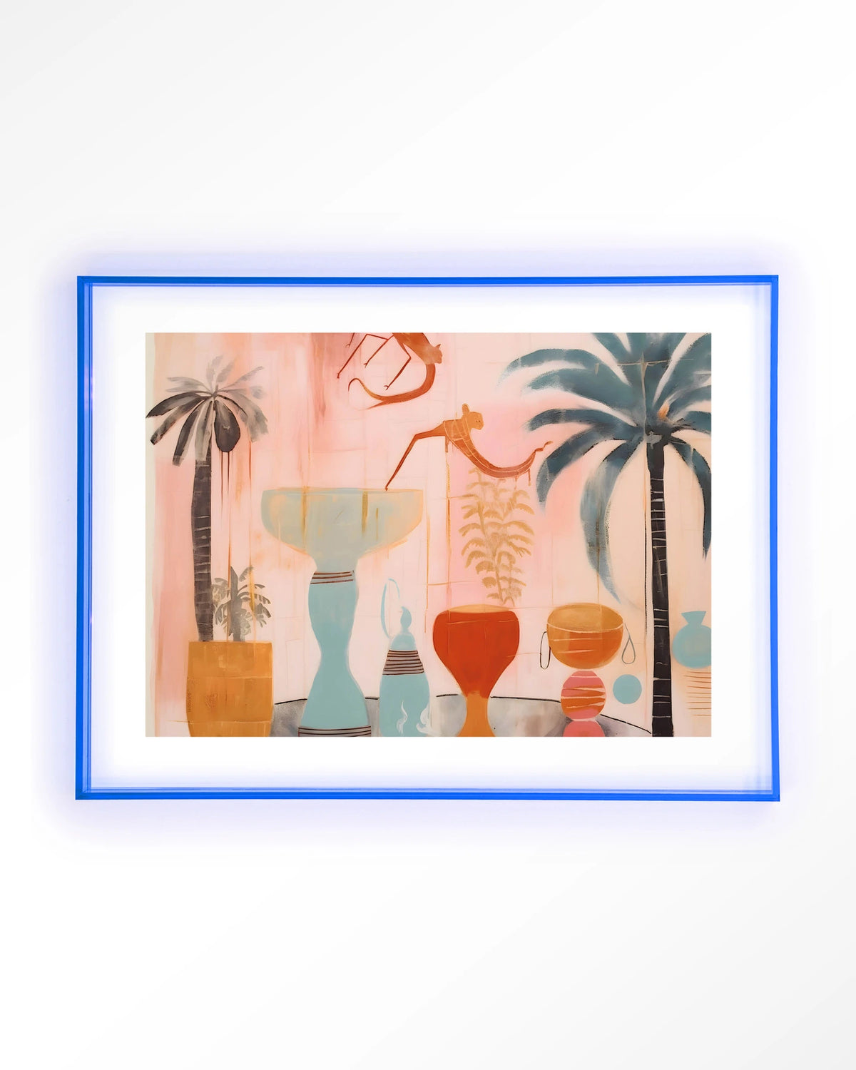 Tunesian Samba – vazen en palmbomen in roze – Art print – Acryl lichtblauw