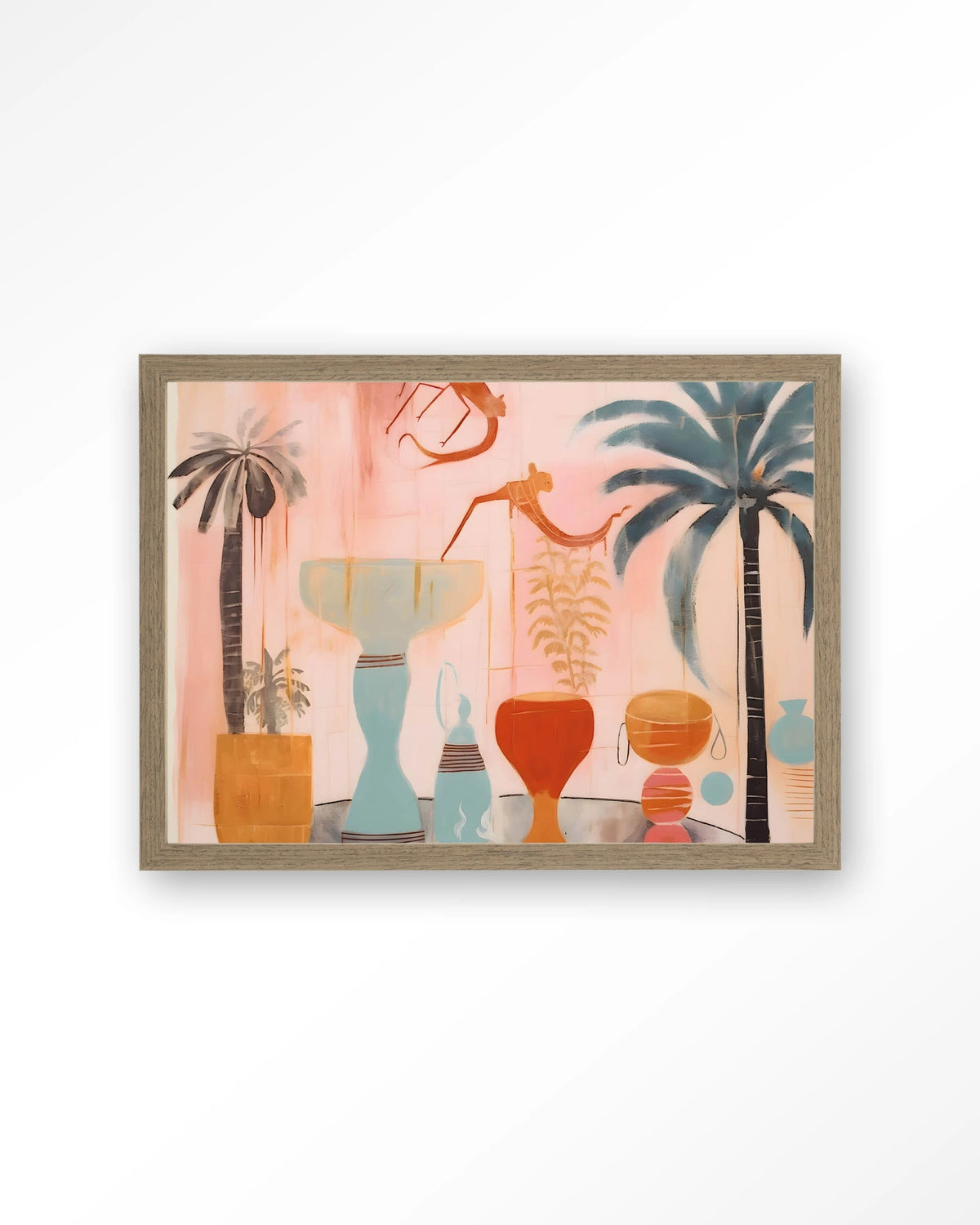 Tunesian Samba – vazen en palmbomen in roze – Art print – Hout bruin