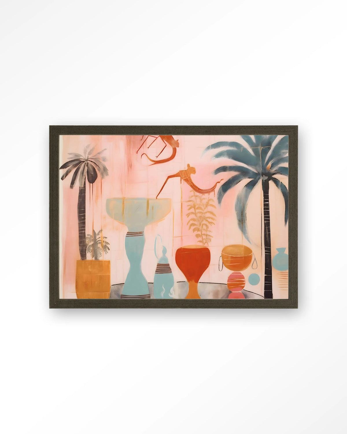 Tunesian Samba – vazen en palmbomen in roze – Art print – Hout donkerbruin