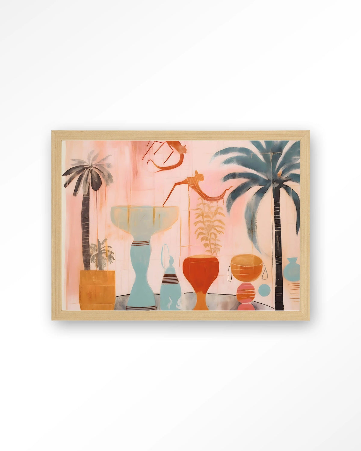Tunesian Samba – vazen en palmbomen in roze – Art print – Hout naturel