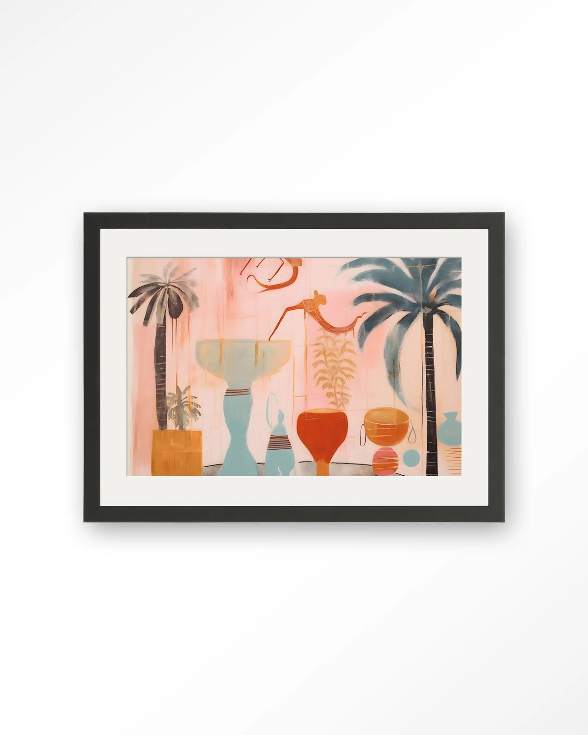 Tunesian Samba – vazen en palmbomen in roze – Art print – Hout zwart + passe-partout