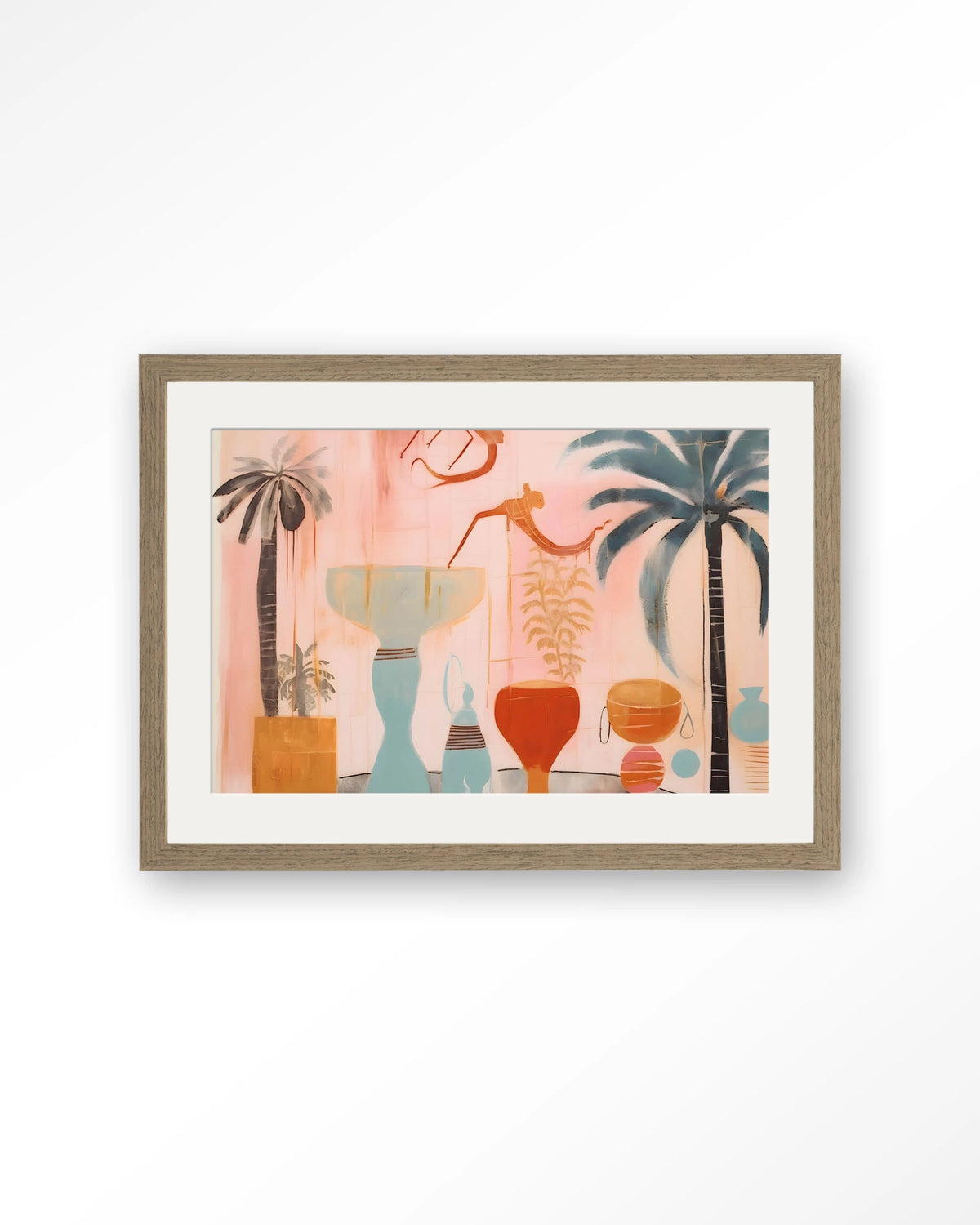 Tunesian Samba – vazen en palmbomen in roze – Art print – Hout bruin + passe-partout