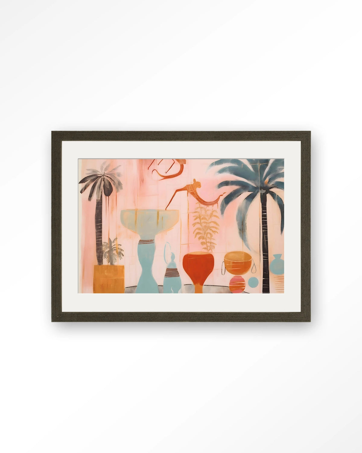 Tunesian Samba – vazen en palmbomen in roze – Art print – Hout donkerbruin + passe-partout