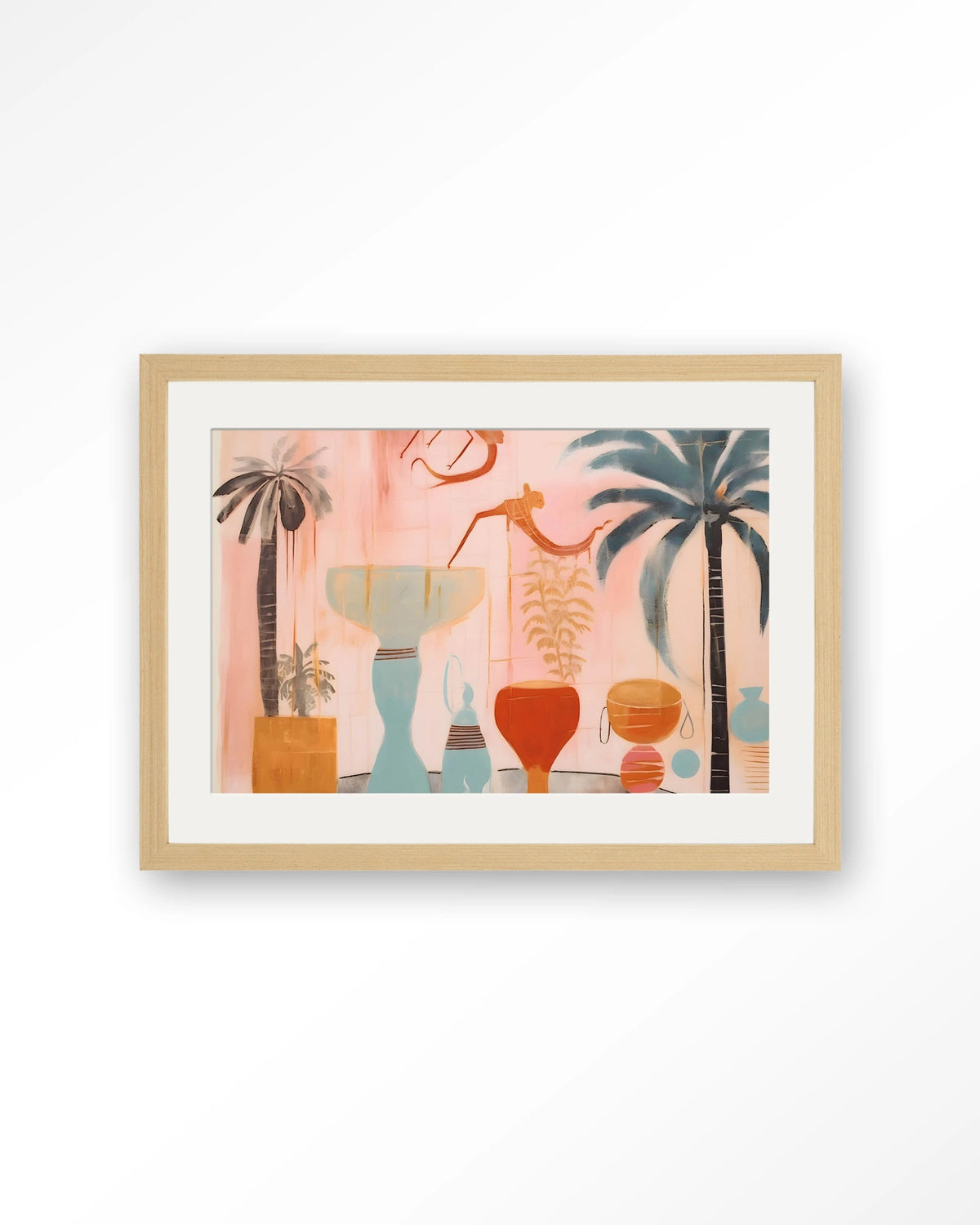 Tunesian Samba – vazen en palmbomen in roze – Art print – Hout naturel + passe-partout