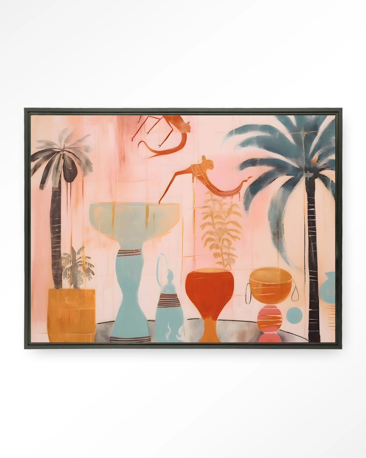 Tunesian Samba – vazen en palmbomen in roze – Wandkleed – Floating frame – zwart