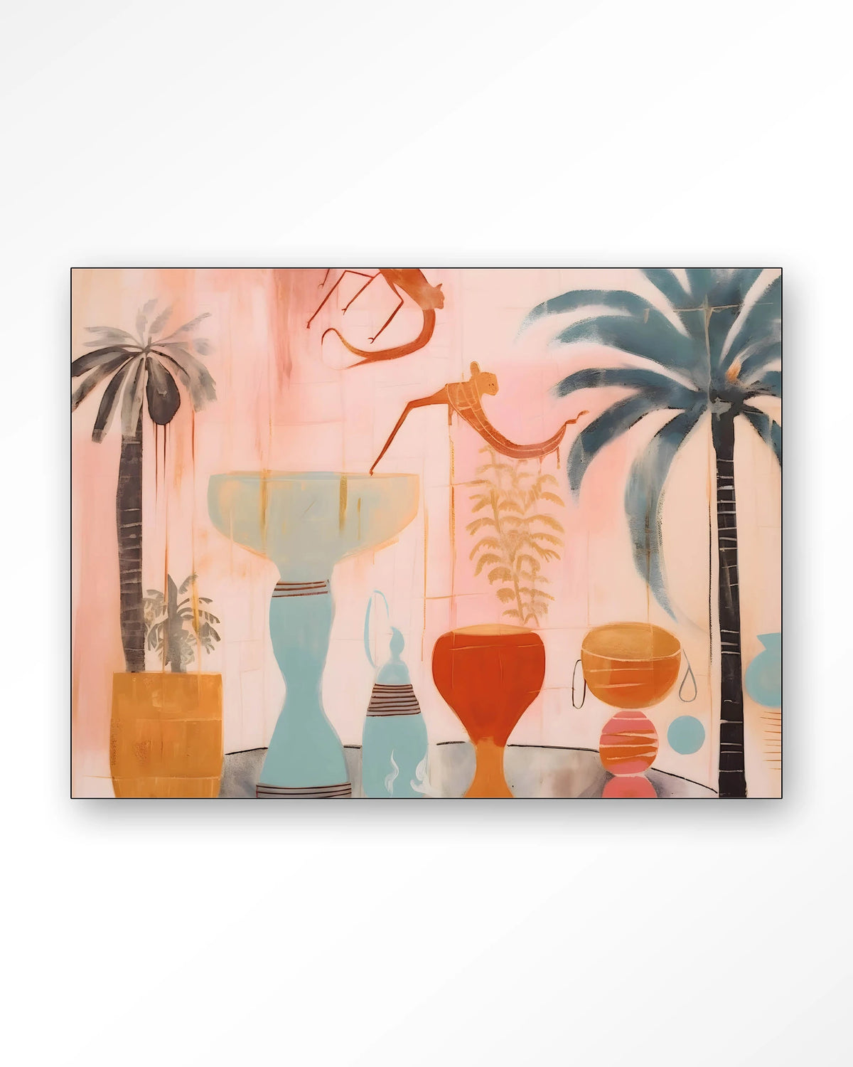 Tunesian Samba – vazen en palmbomen in roze – Wandkleed – Frame – zwart