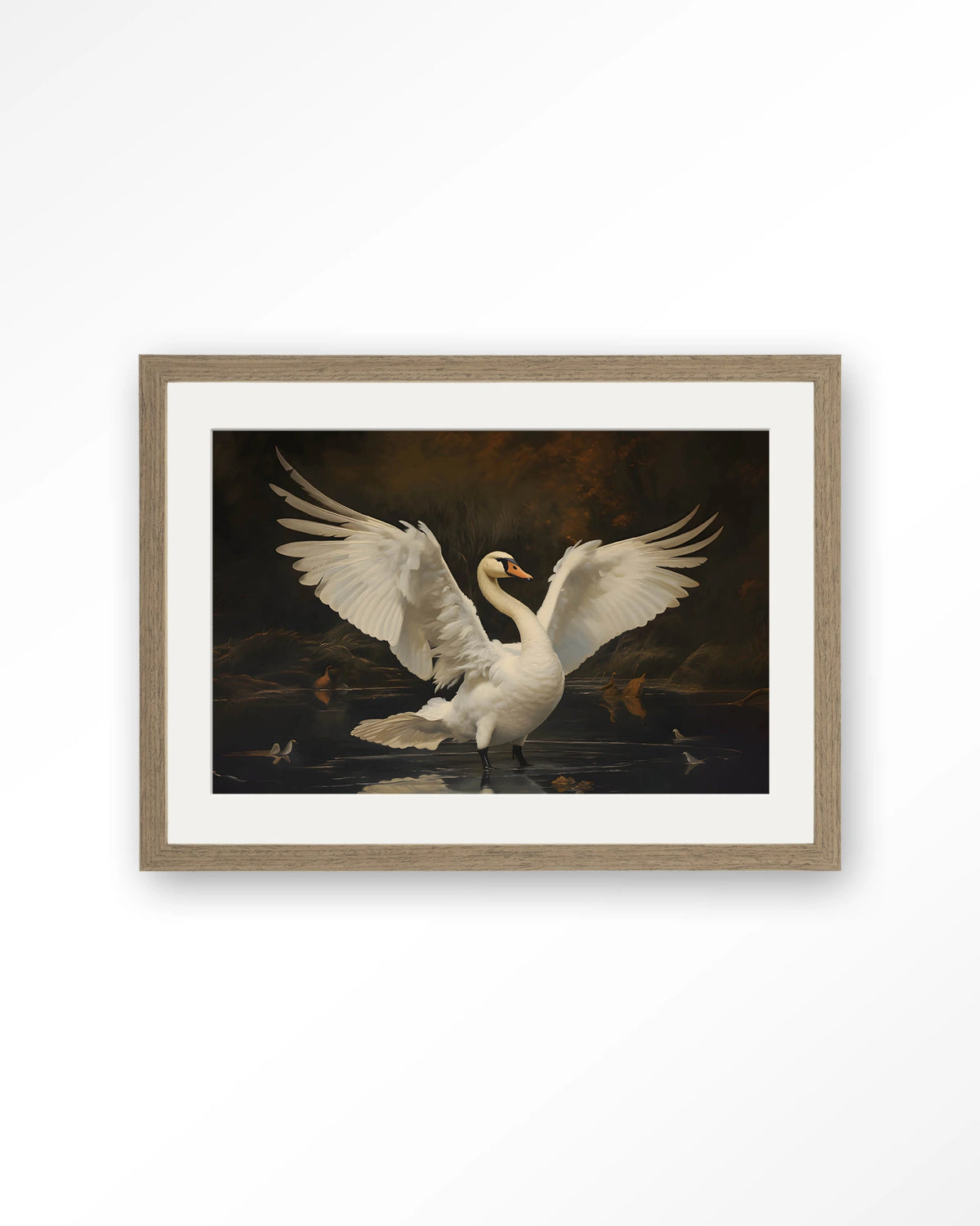 Swan Lake – zwaan op meer – Art print – Hout bruin + passe-partout