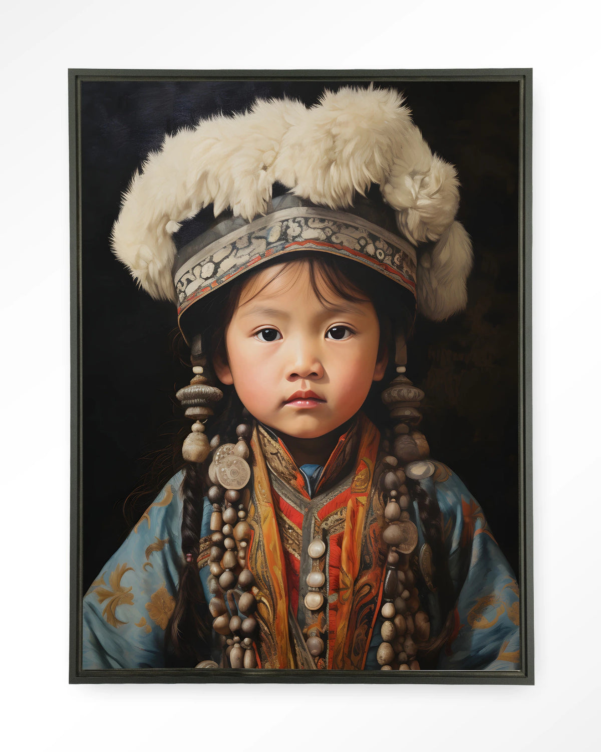Traditional Child 1 – portret van kind in traditionele kleding – Wandkleed – Floating frame – zwart