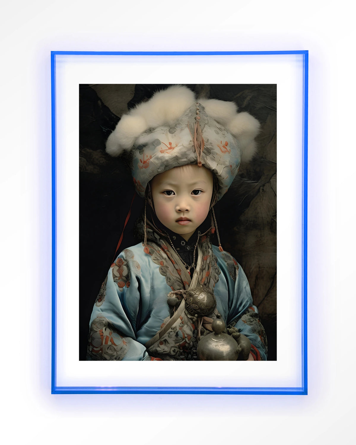 Traditional Child 2 – portret van een kind in traditionele kleding – Art print – Acryl lichtblauw