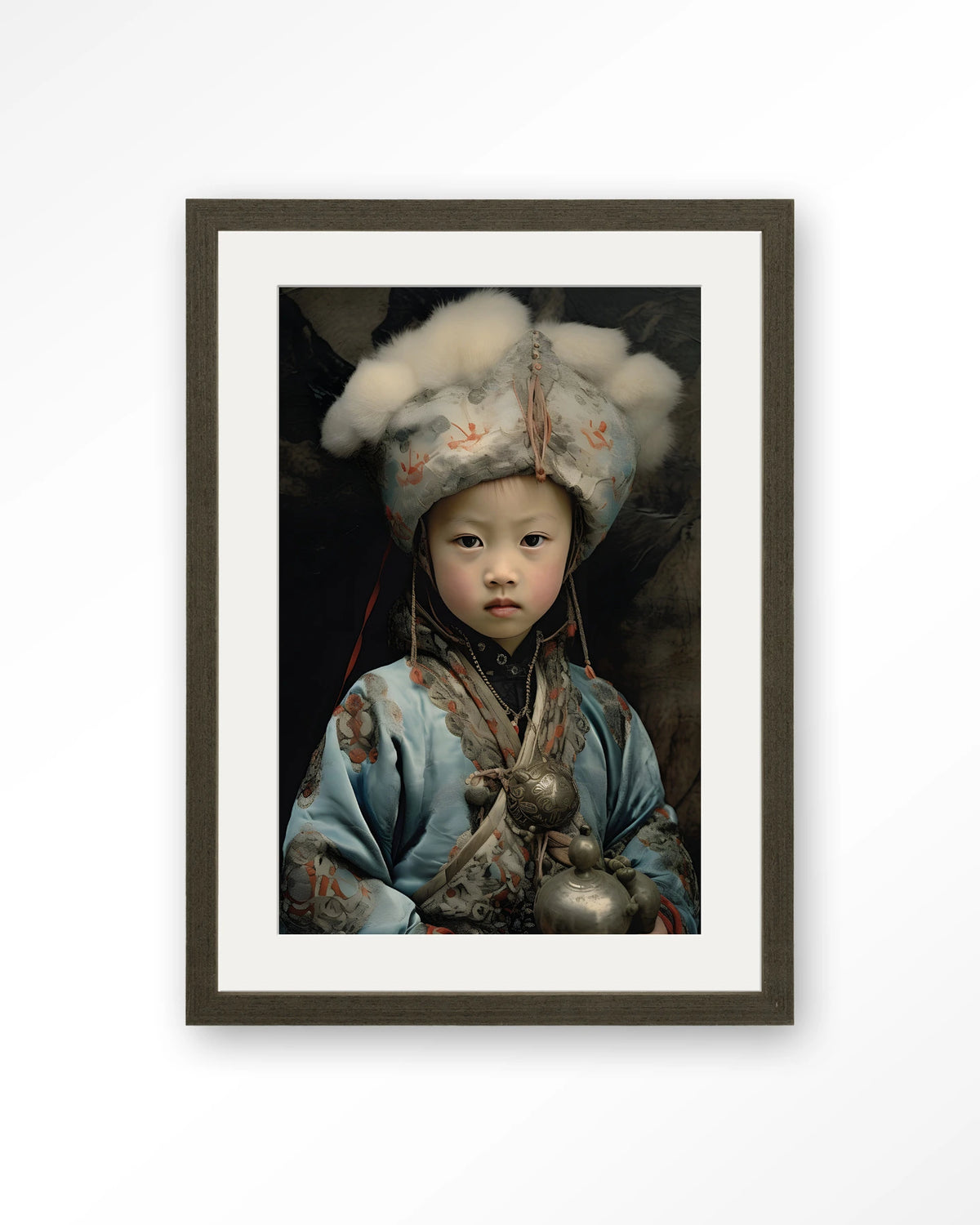 Traditional Child 2 – portret van een kind in traditionele kleding – Art print – Hout donkerbruin + passe-partout