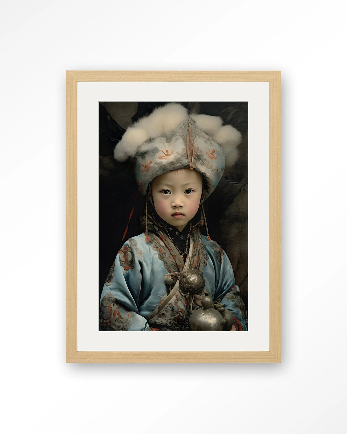 Traditional Child 2 – portret van een kind in traditionele kleding – Art print – Hout naturel + passe-partout