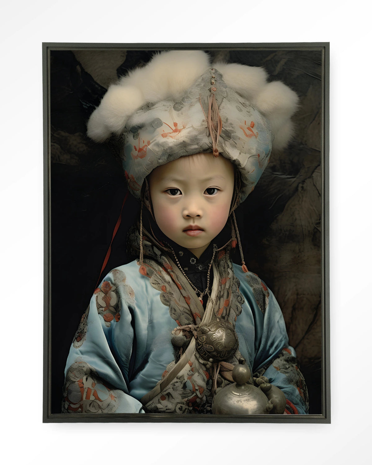Traditional Child 2 – portret van een kind in traditionele kleding – Wandkleed – Floating frame – zwart