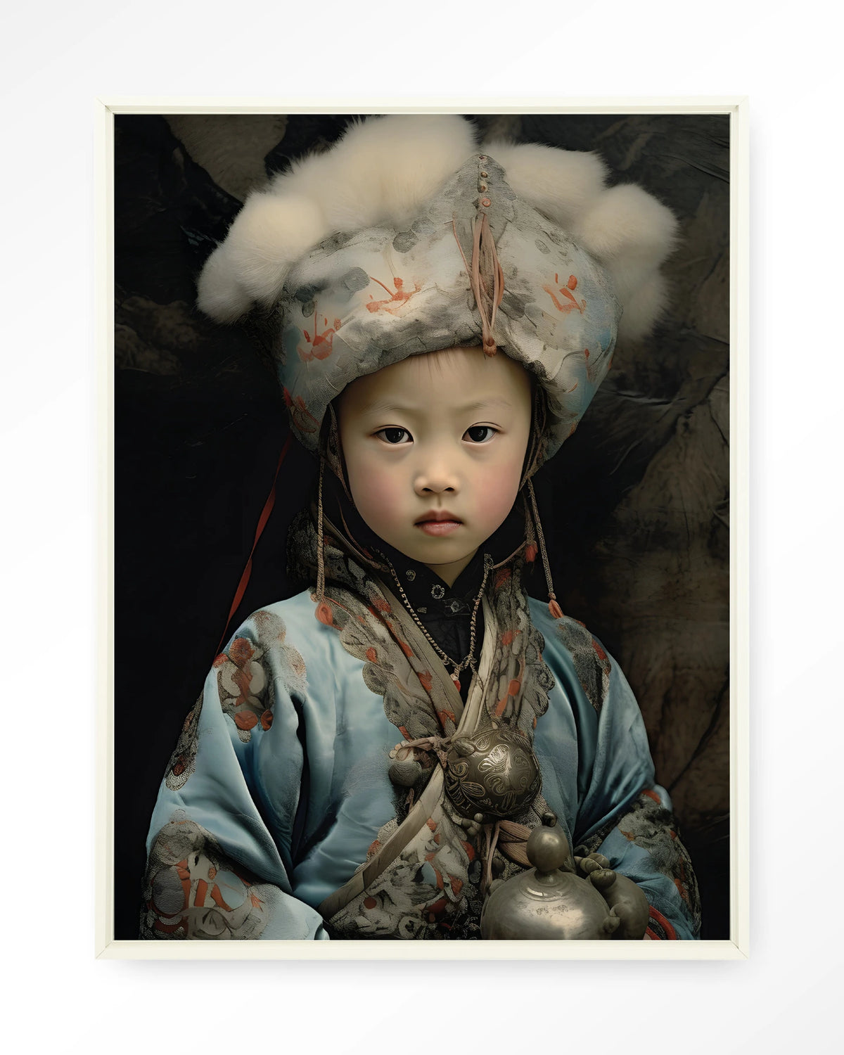 Traditional Child 2 – portret van een kind in traditionele kleding – Wandkleed – Floating frame – wit