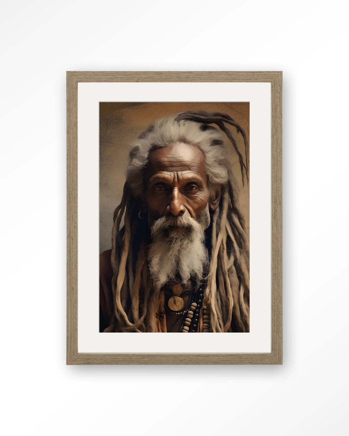 Wise Man – portret van een oude man met dreadlocks – Art print – Hout bruin + passe-partout