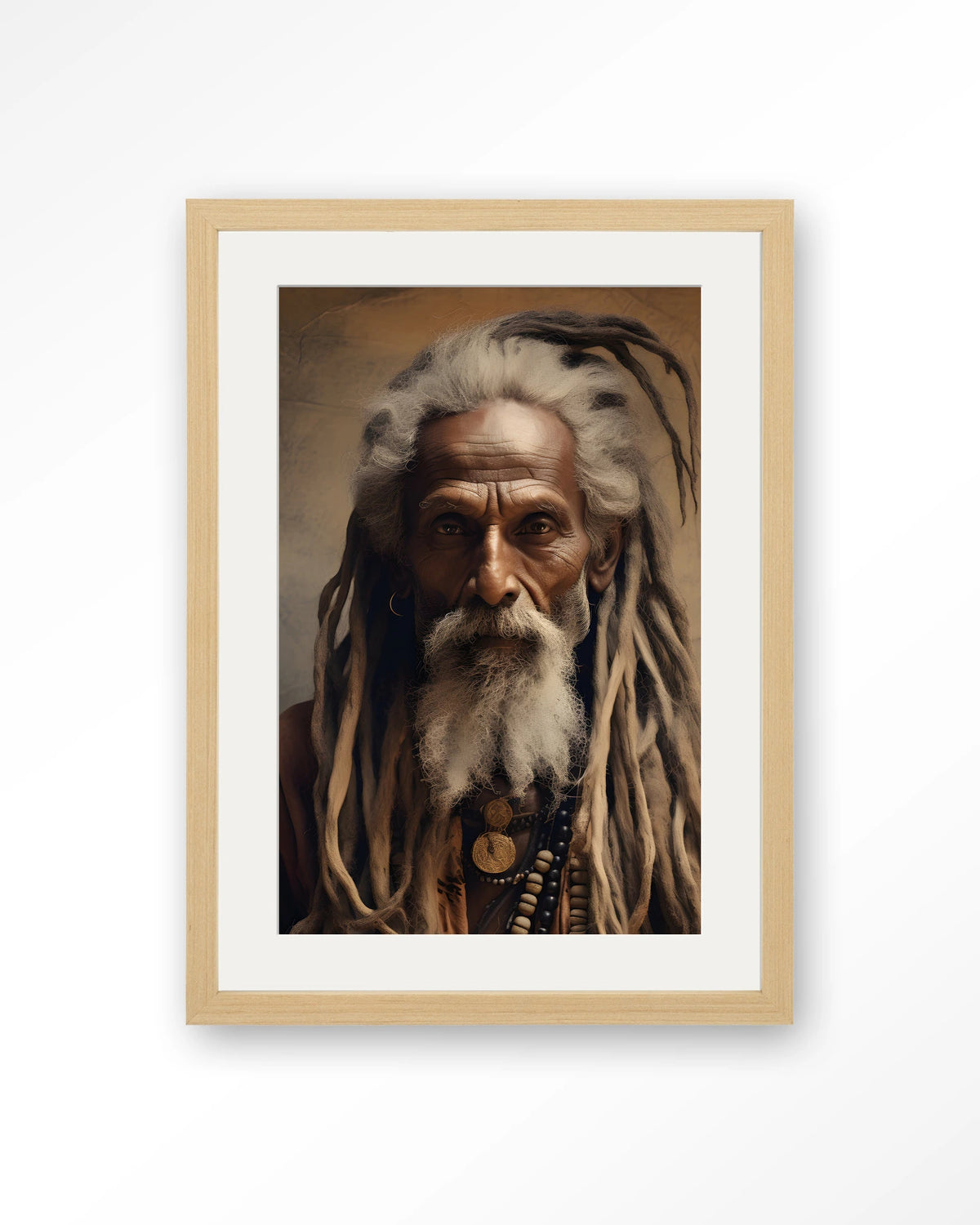 Wise Man – portret van een oude man met dreadlocks – Art print – Hout naturel + passe-partout
