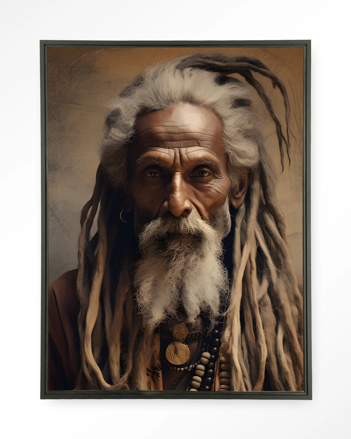 Wise Man – portret van een oude man met dreadlocks – Wandkleed – Floating frame – zwart
