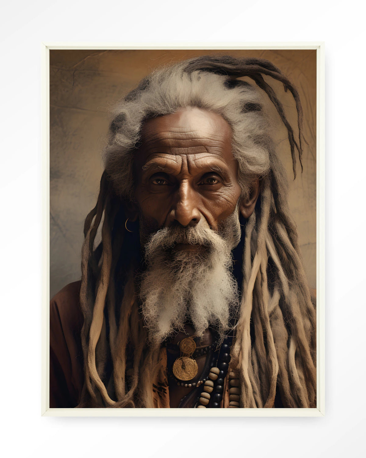 Wise Man – portret van een oude man met dreadlocks – Wandkleed – Floating frame – wit