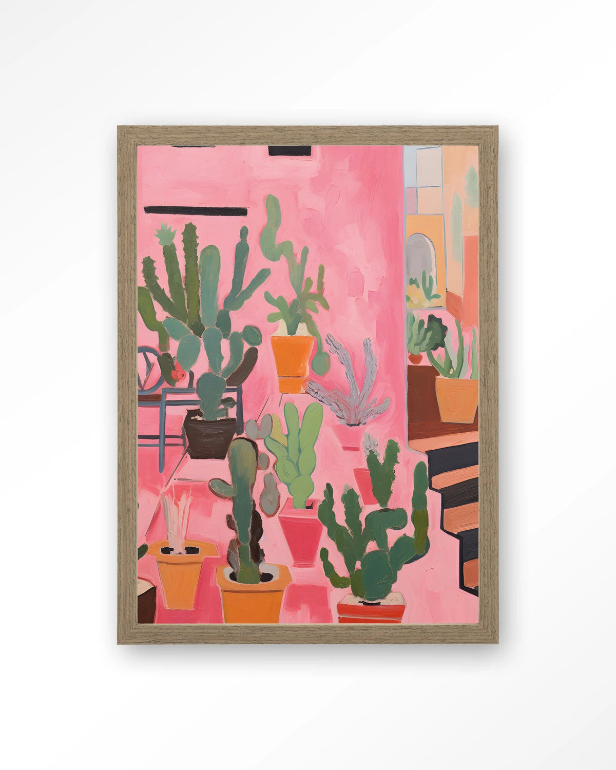 Cactus Party – cactussen in roze – Art print – Hout bruin