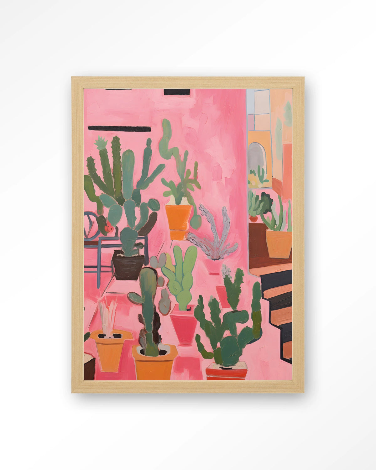 Cactus Party – cactussen in roze – Art print – Hout naturel