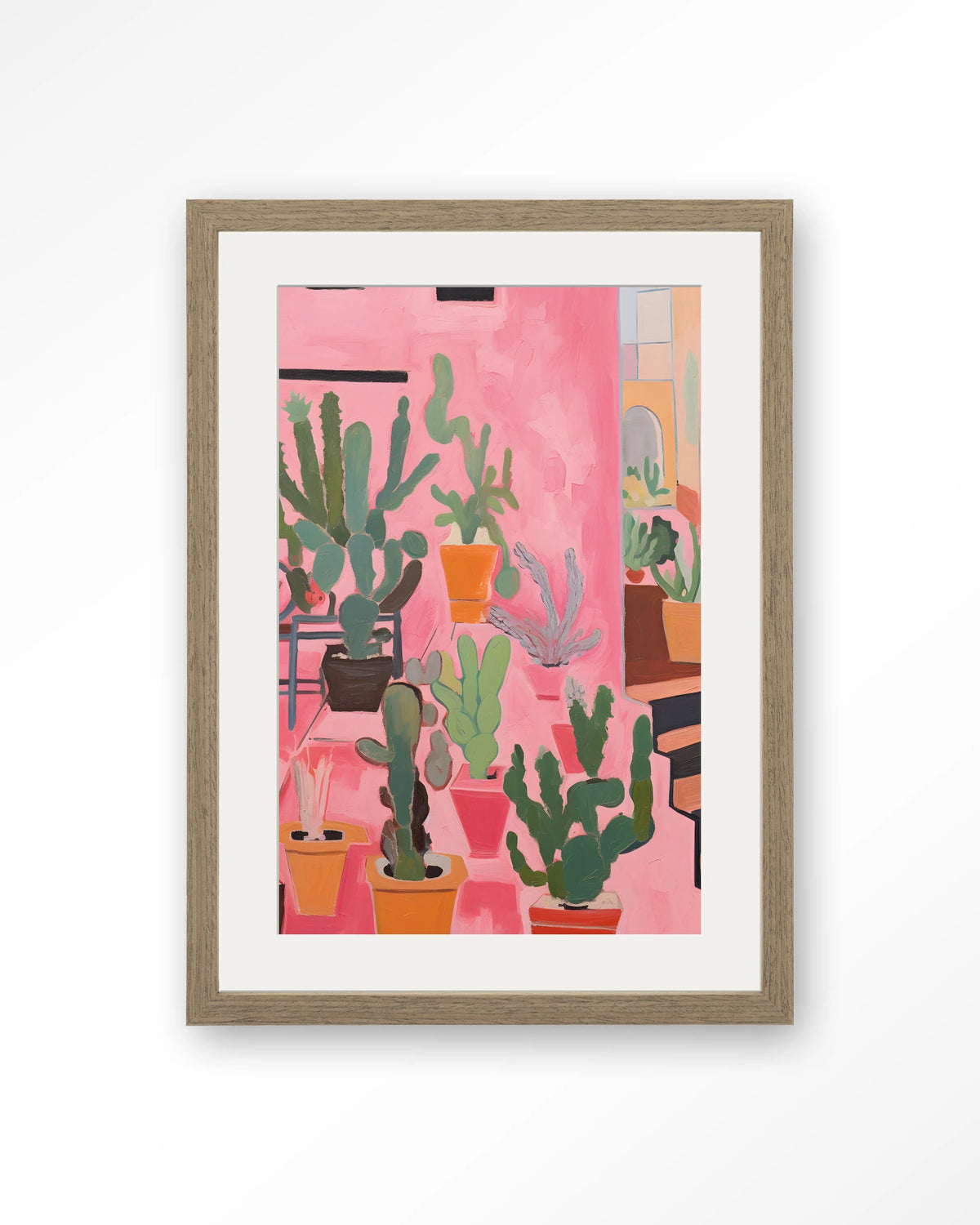 Cactus Party – cactussen in roze – Art print – Hout bruin + passe-partout