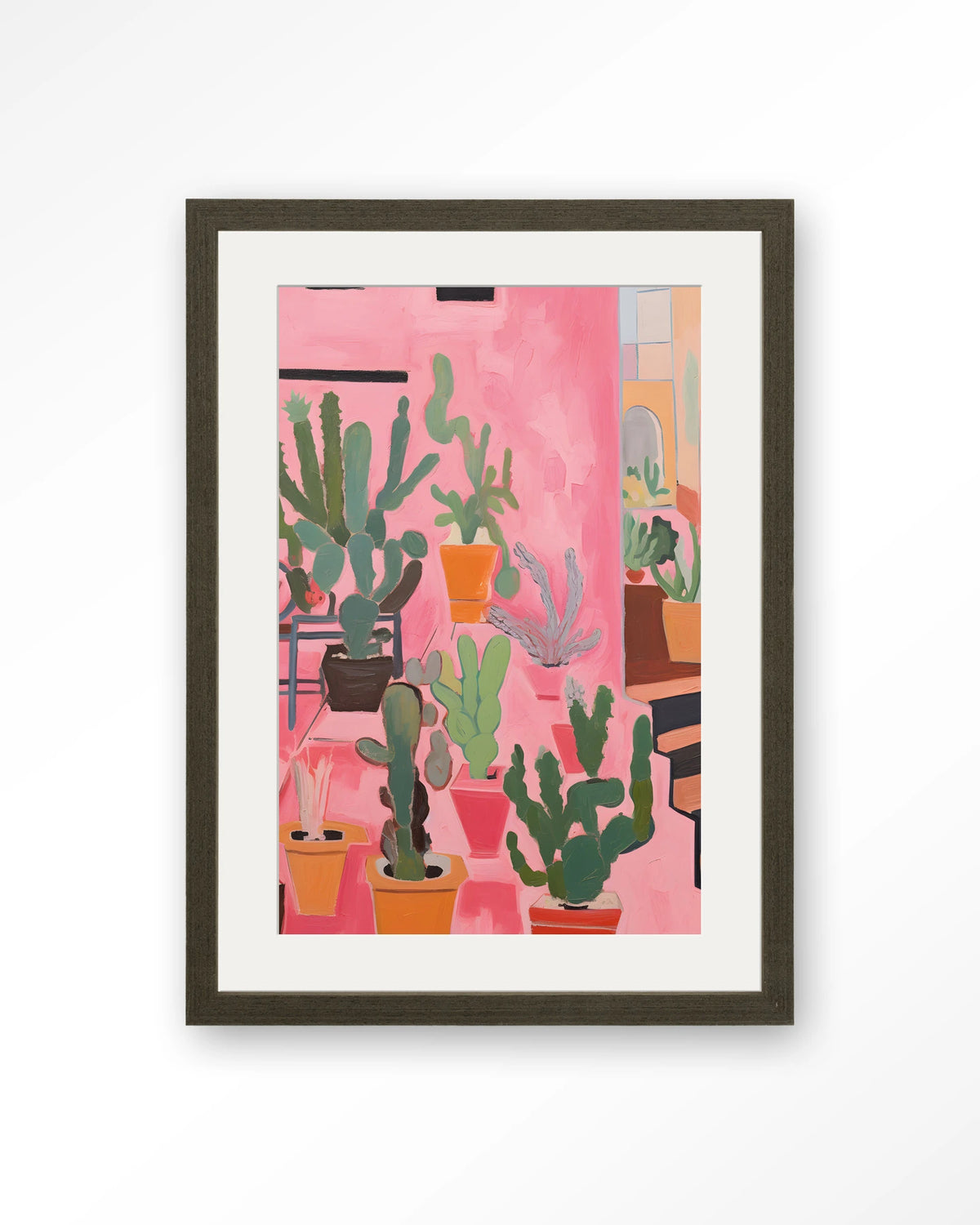 Cactus Party – cactussen in roze – Art print – Hout donkerbruin + passe-partout