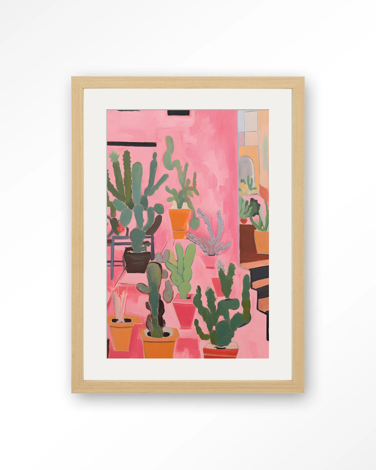 Cactus Party – cactussen in roze – Art print – Hout naturel + passe-partout