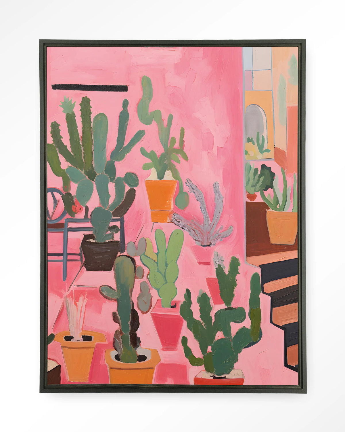 Cactus Party – cactussen in roze – Wandkleed – Floating frame – zwart