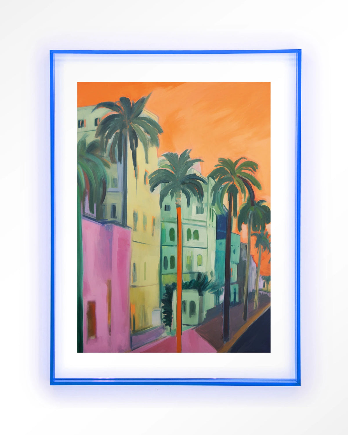 Palm Street – straat met palmbomen – Art print – Acryl lichtblauw