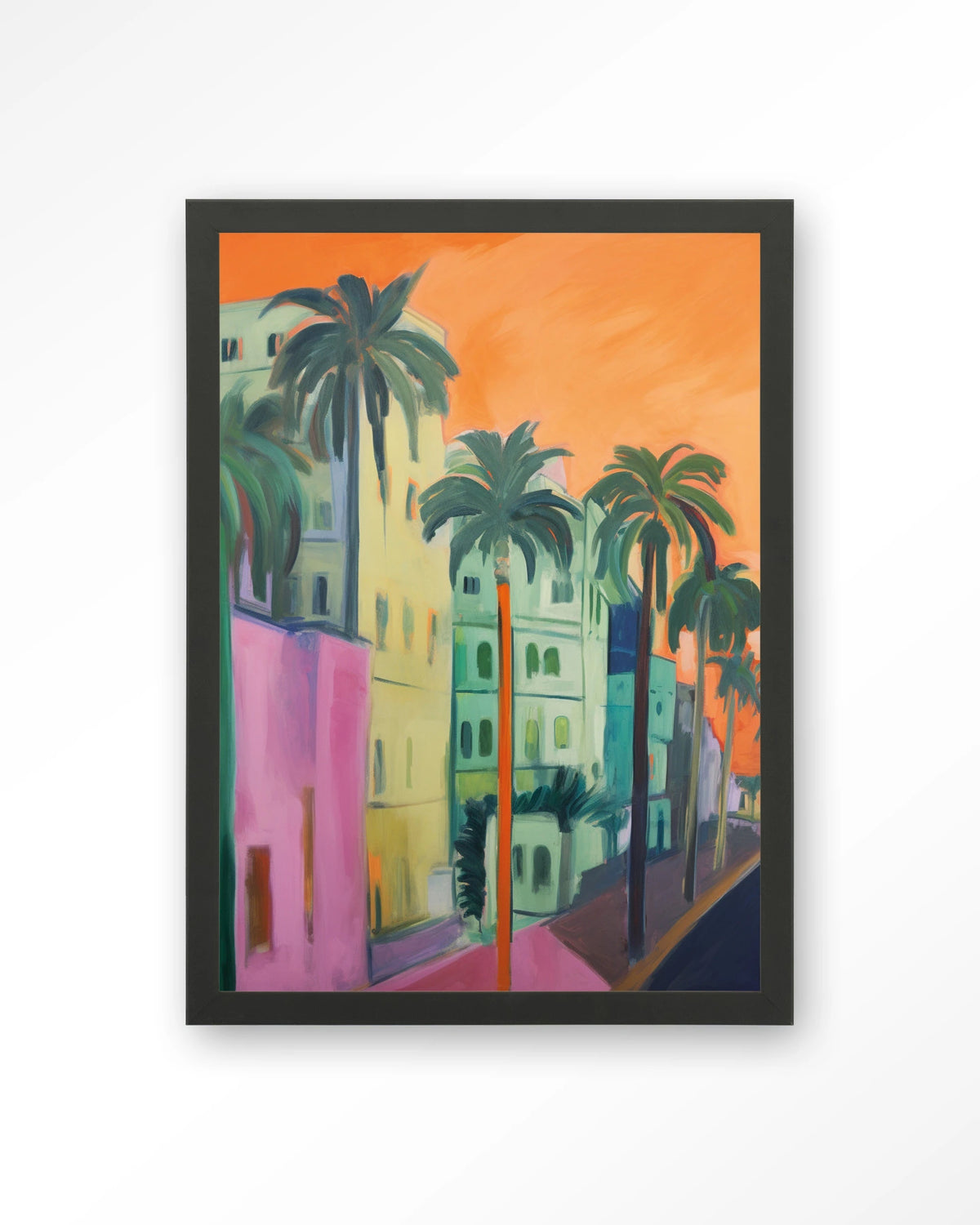 Palm Street – straat met palmbomen – Art print – Hout zwart