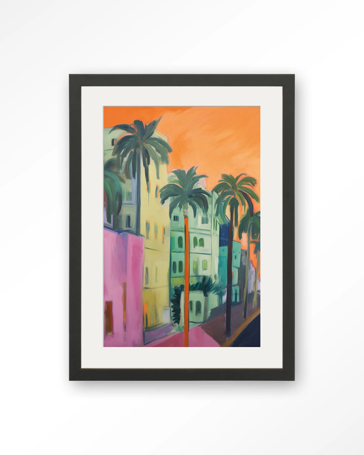 Palm Street – straat met palmbomen – Art print – Hout zwart + passe-partout