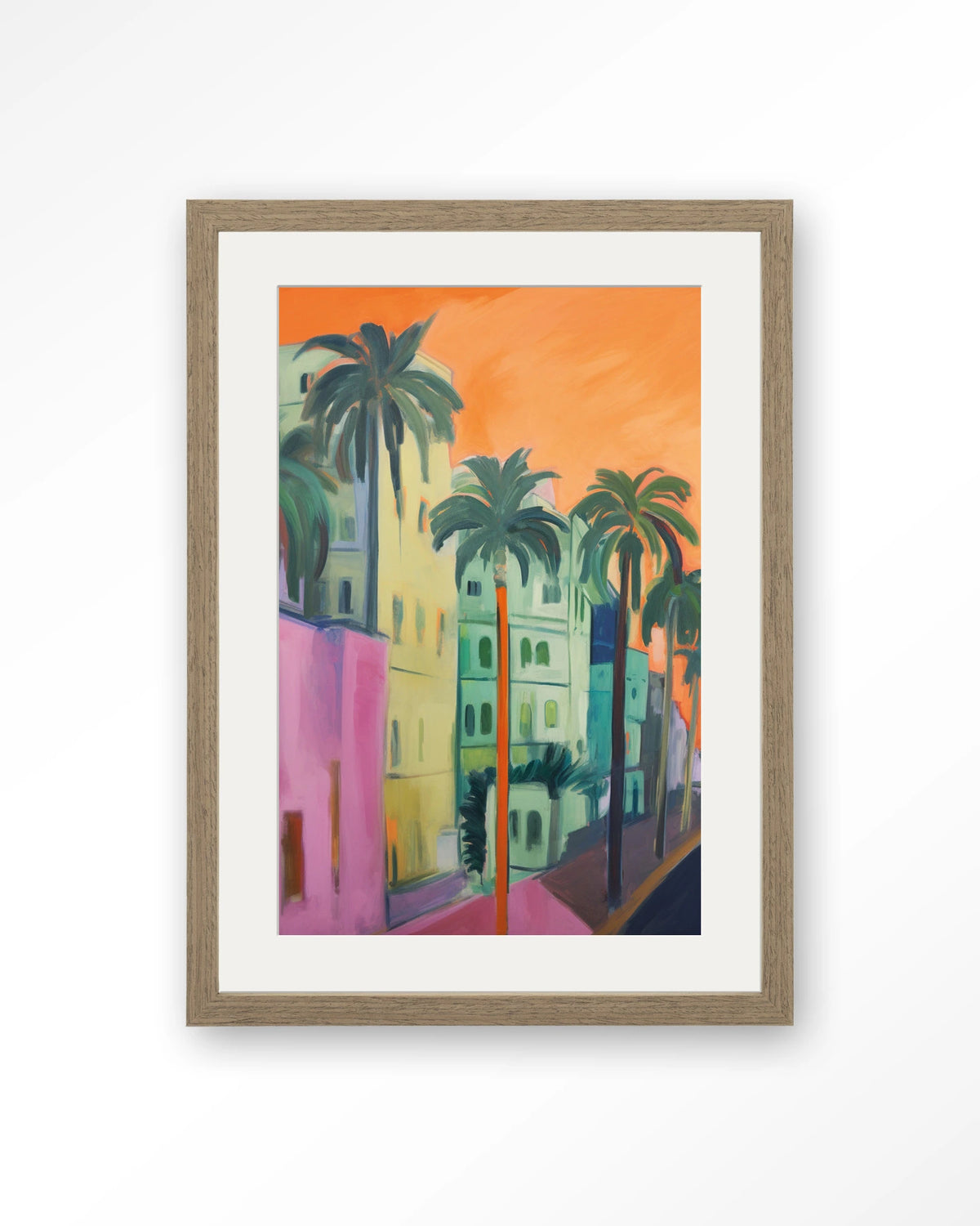 Palm Street – straat met palmbomen – Art print – Hout bruin + passe-partout